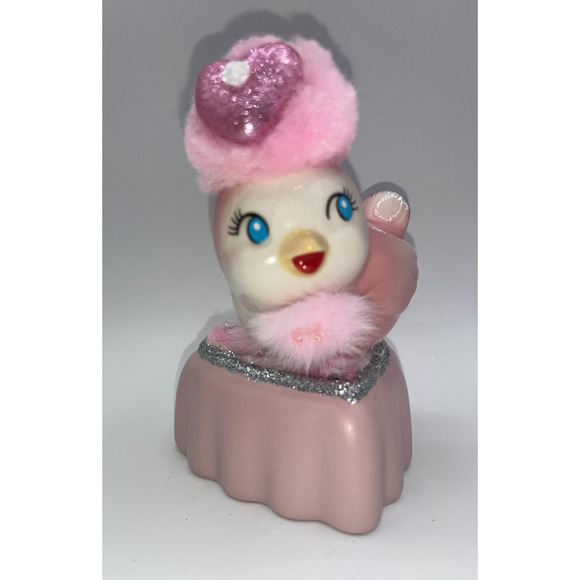 Vintage Pink Ceramic Bird Valentine Day Pink Heart Poofy Hat Fur Princess OOAK - Picture 6 of 16
